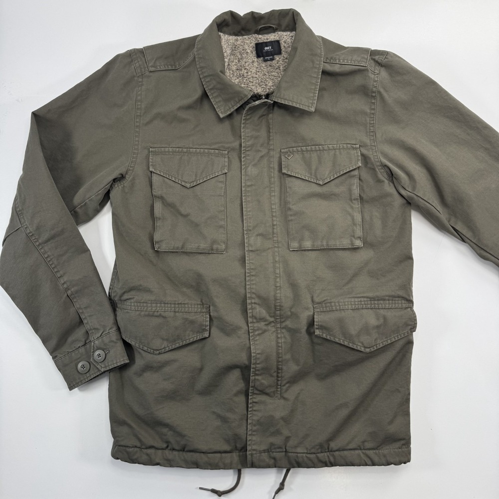 OBEY Lined‎ Military Field Style Jacket Mens Small Pockets Green Snap Full Zip